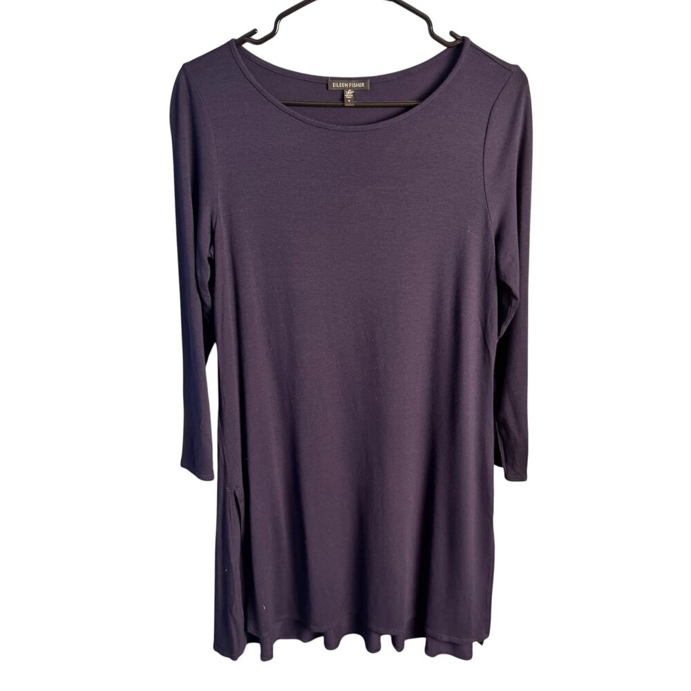 Eileen Fisher Purple Jersey Knit Tunic Top 3/4 Sleeve Side Slit Size Small
